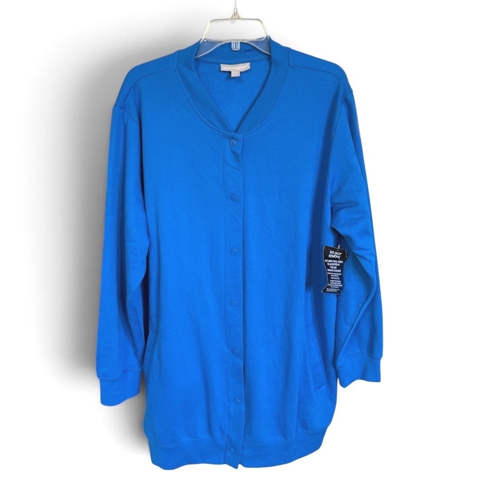 Woman Within Fleece Cardigan 1X 22/24 Blue Snap Front Longline Pockets NEW w Tag